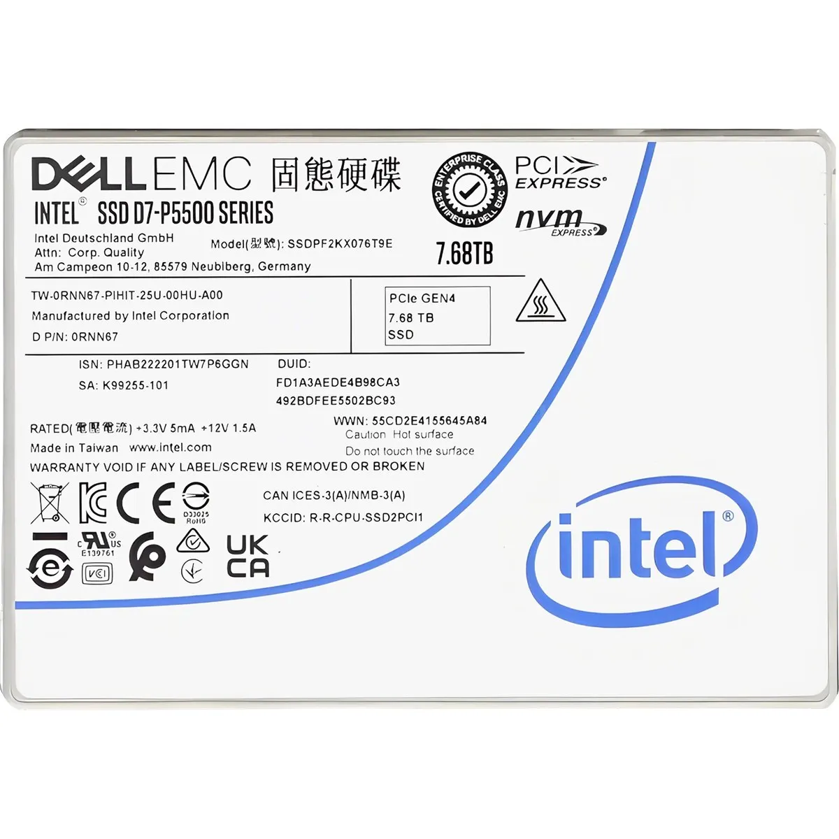 Твердотельный накопитель Intel D7-P5500 SSDPF2KX076T9N1, 7680 ГБ, U.2 2.5" 15 мм, NVMe PCIe 4.0 x4, TLC