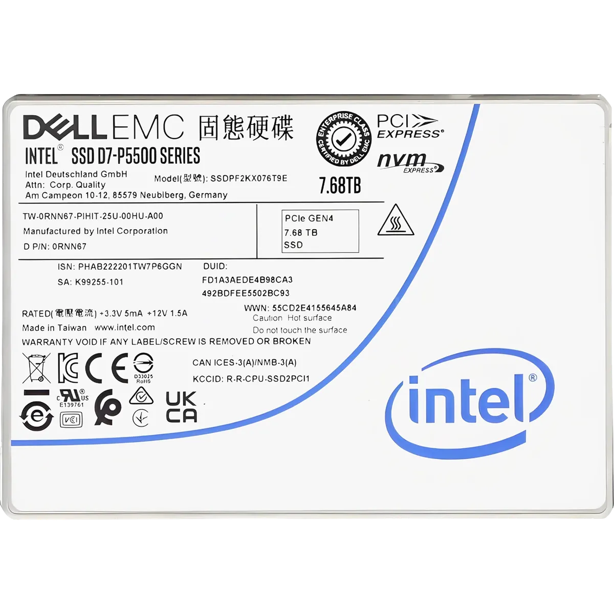 Твердотельный накопитель Intel D7-P5500 SSDPF2KX076T9N1, 7680 ГБ, U.2 2.5" 15 мм, NVMe PCIe 4.0 x4, TLC, фото 2