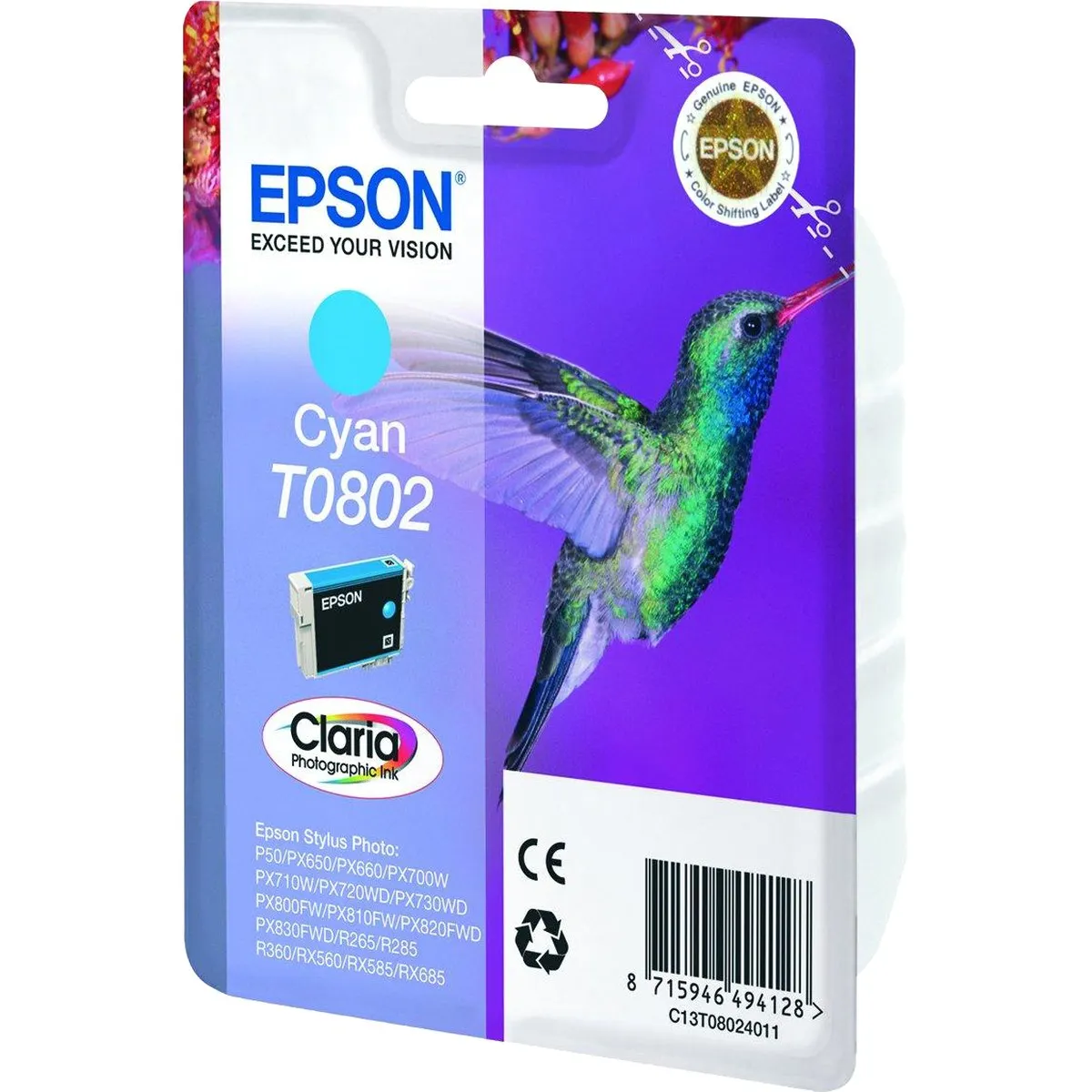 Картридж Epson C13T08024011 (T0802), голубой, 7.4 мл, Claria Photographic