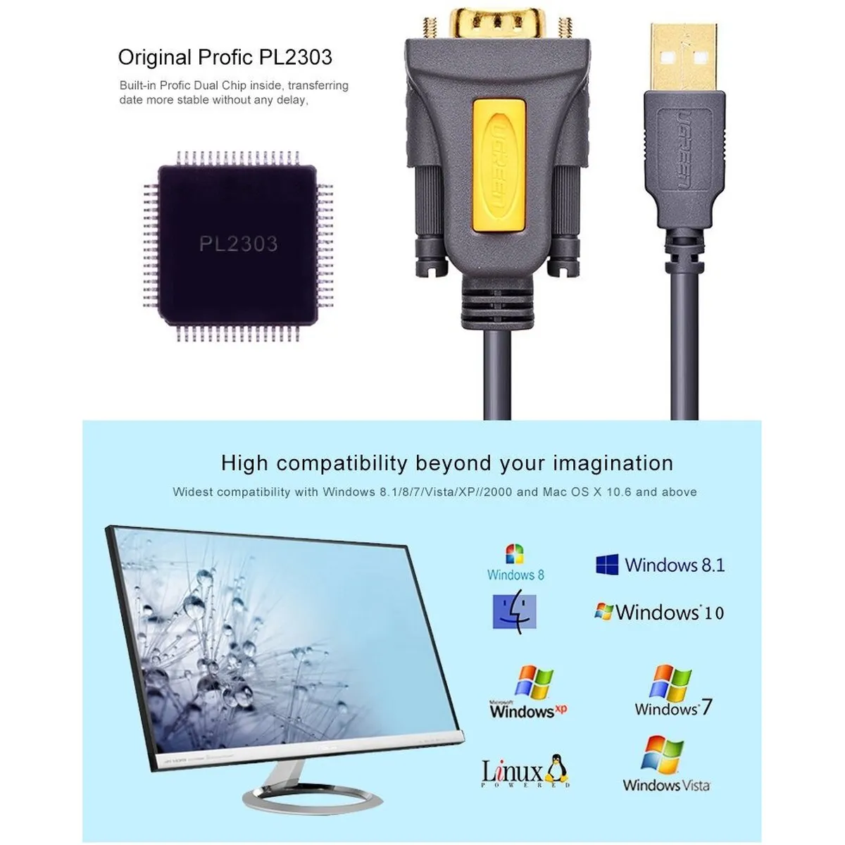Кабель-адаптер Ugreen CR104, USB 2.0 A — DB9 RS-232, 3 м