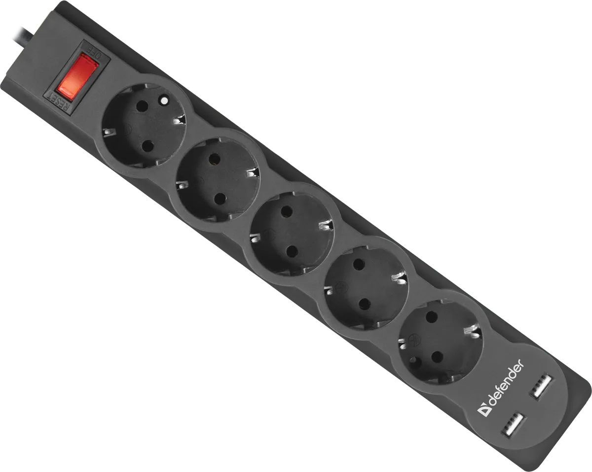 Сетевой фильтр Defender DFS 751, 5 розеток, 2×USB 2.1 А, 1.8 м, фото 2