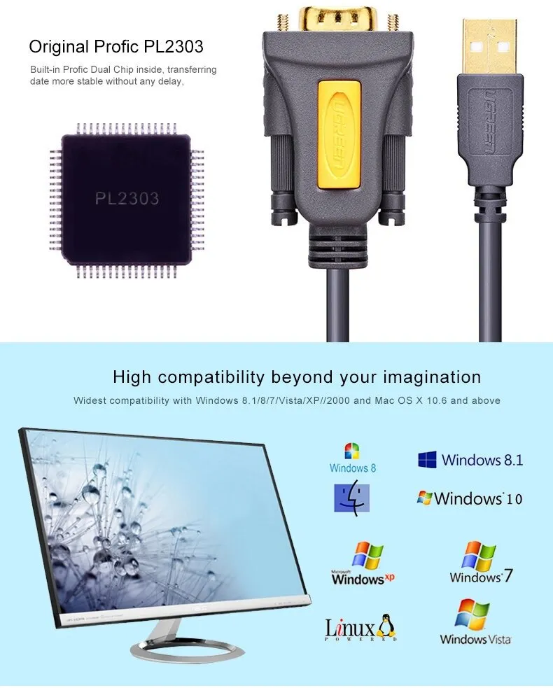 Кабель-адаптер Ugreen CR104, USB 2.0 A — DB9 RS-232, 3 м, фото 2